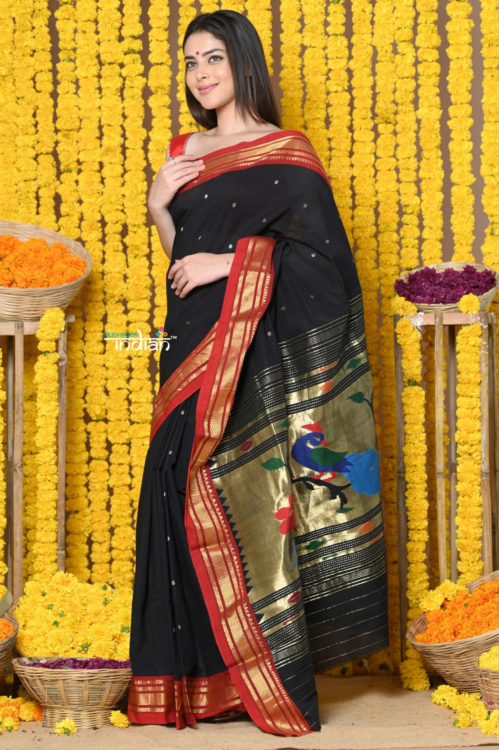 Very Much Indian Rajsi - Handloom Pure Cotton Paithani With Peacock Pallu - Black
