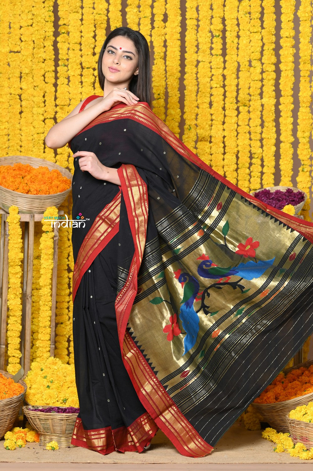 Very Much Indian Rajsi - Handloom Pure Cotton Paithani With Peacock Pallu - Black