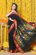 Very Much Indian Rajsi - Handloom Pure Cotton Paithani With Peacock Pallu - Black