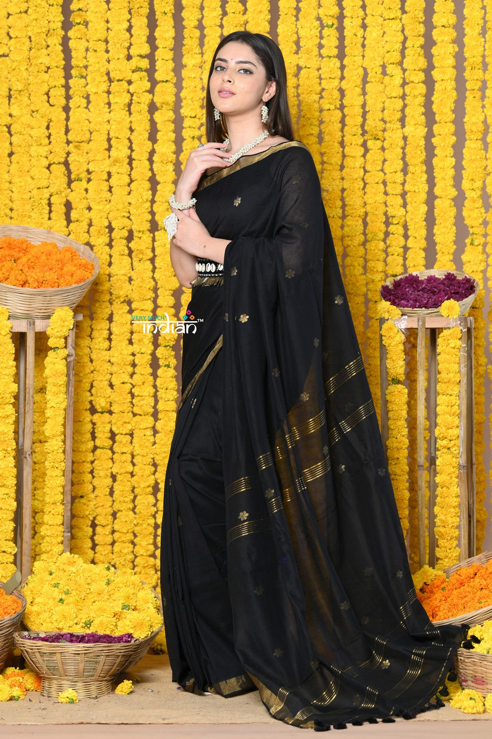 Very Much Indian Rajsi - Designed by VMI! High Quality Mul Cotton Handloom Woven Saree With Sleek Border in Black