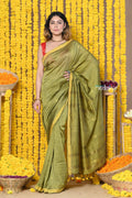 Very Much Indian Rajsi - Designed by VMI! High Quality Mul Cotton Handloom Woven Saree With Sleek Border in Green
