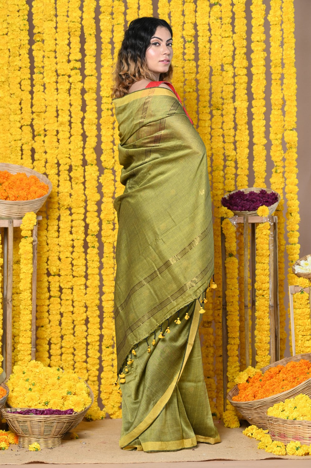 Very Much Indian Rajsi - Designed by VMI! High Quality Mul Cotton Handloom Woven Saree With Sleek Border in Green