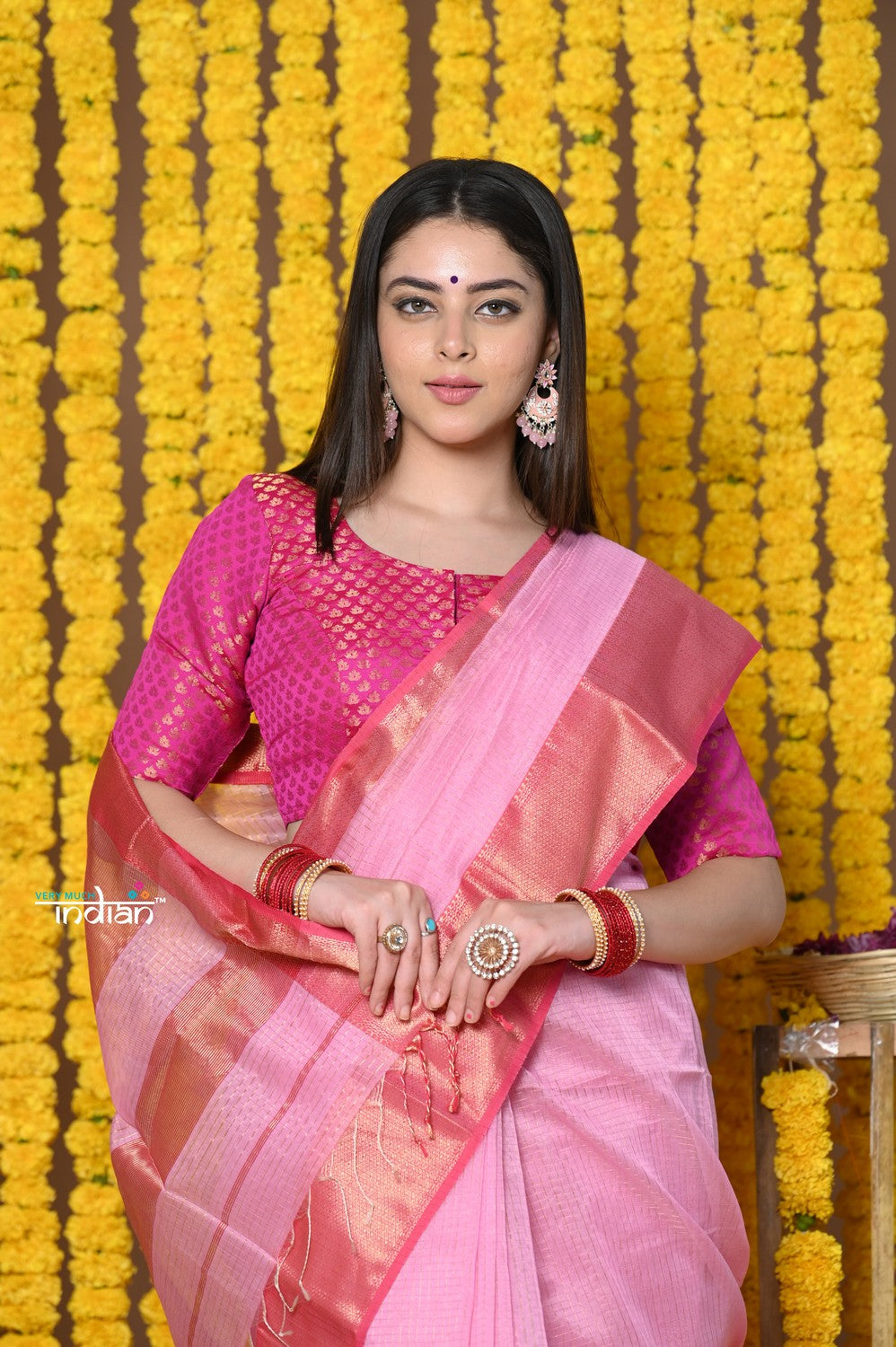 Very Much Indian Rajsi - Handloom Ari Checks Cotton Silk Saree with Golden Border in Pink