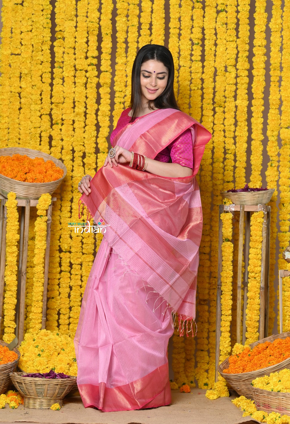 Very Much Indian Rajsi - Handloom Ari Checks Cotton Silk Saree with Golden Border in Pink