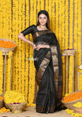 Very Much Indian Rajsi - Handloom Ari Checks Cotton Silk Saree with Golden Border in Black