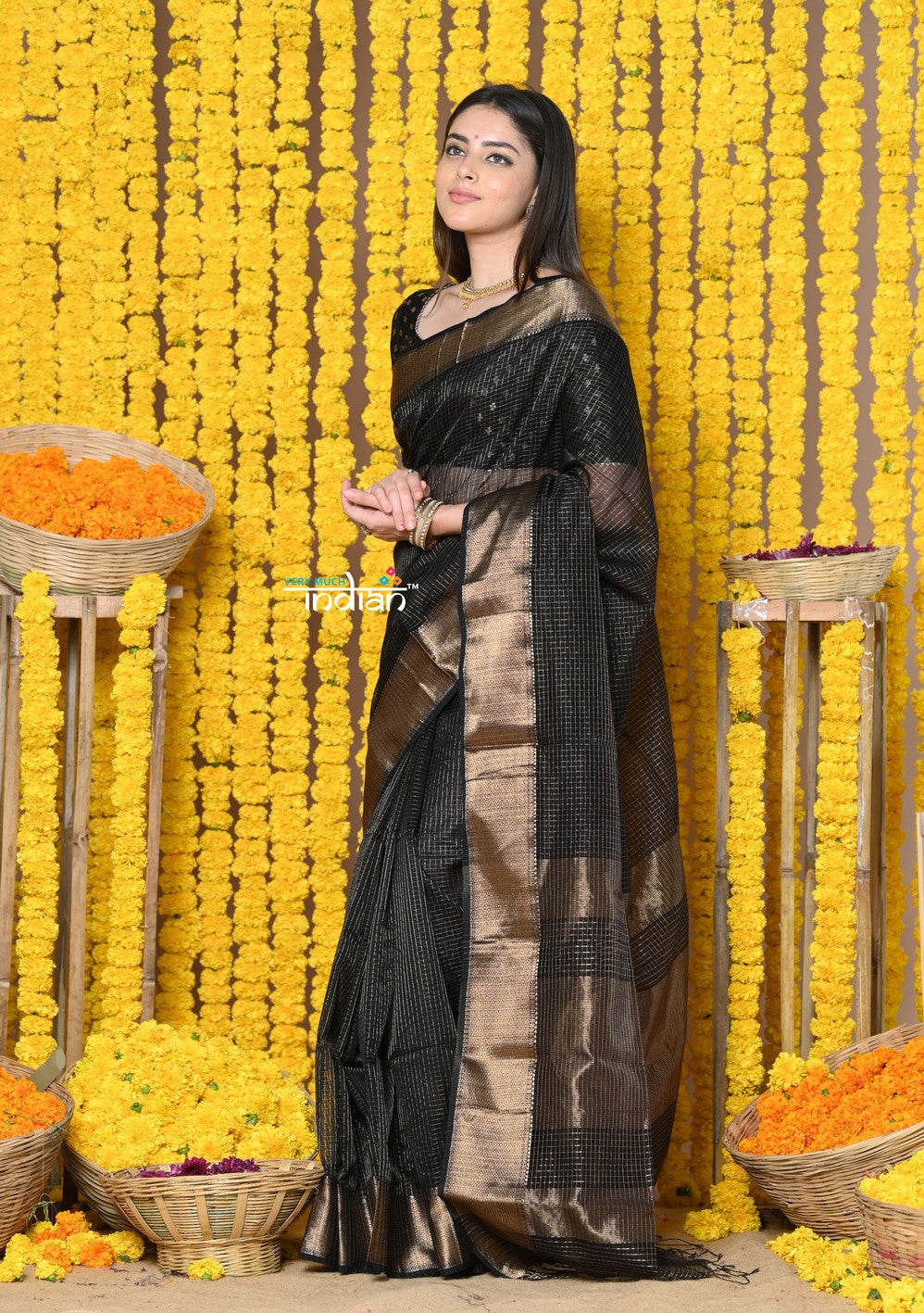 Very Much Indian Rajsi - Handloom Ari Checks Cotton Silk Saree with Golden Border in Black