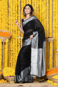 Very Much Indian Rajsi - Designer Linen Saree With Premium Sleek Silver Border in Black