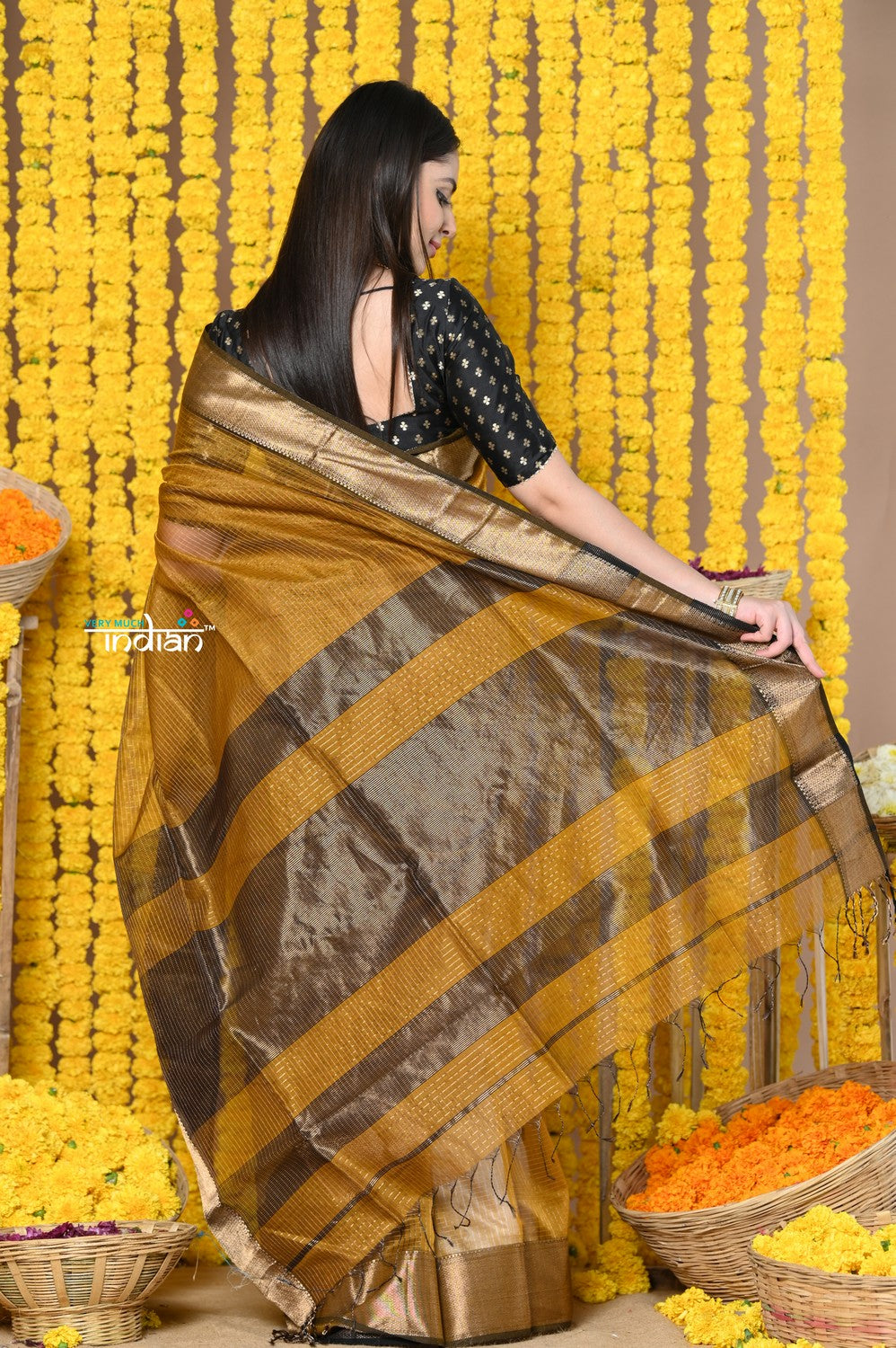 Very Much Indian Rajsi - Handloom Ari Checks Cotton Silk Saree with Golden Border in Yellow