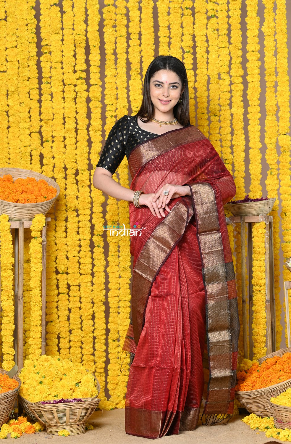 Very Much Indian Rajsi - Handloom Ari Checks Cotton Silk Saree with Golden Border in Maroon