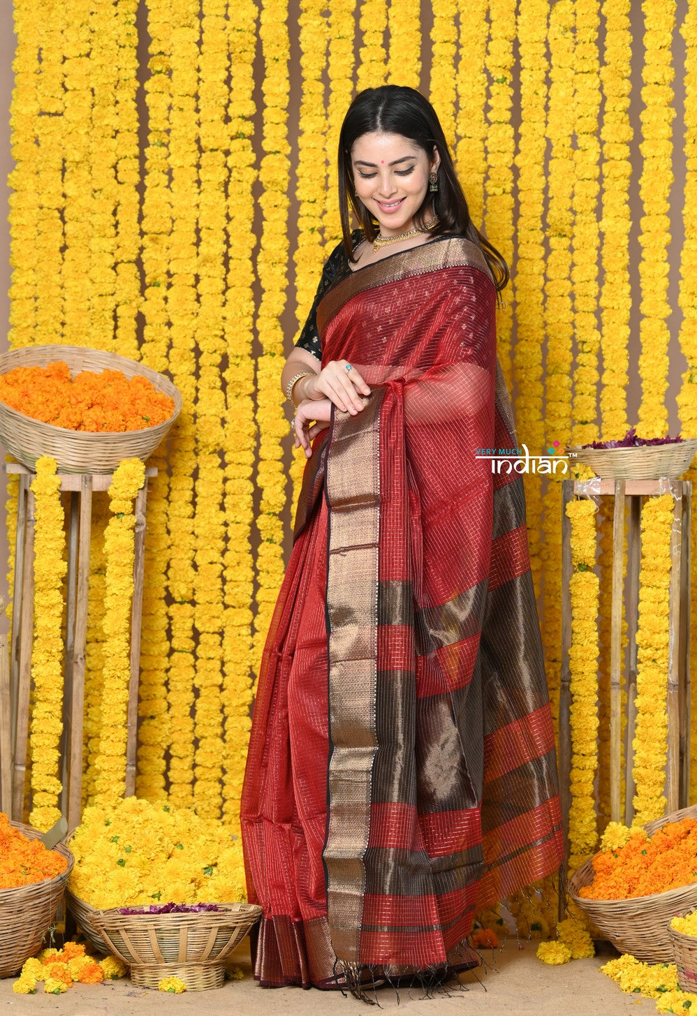 Very Much Indian Rajsi - Handloom Ari Checks Cotton Silk Saree with Golden Border in Maroon