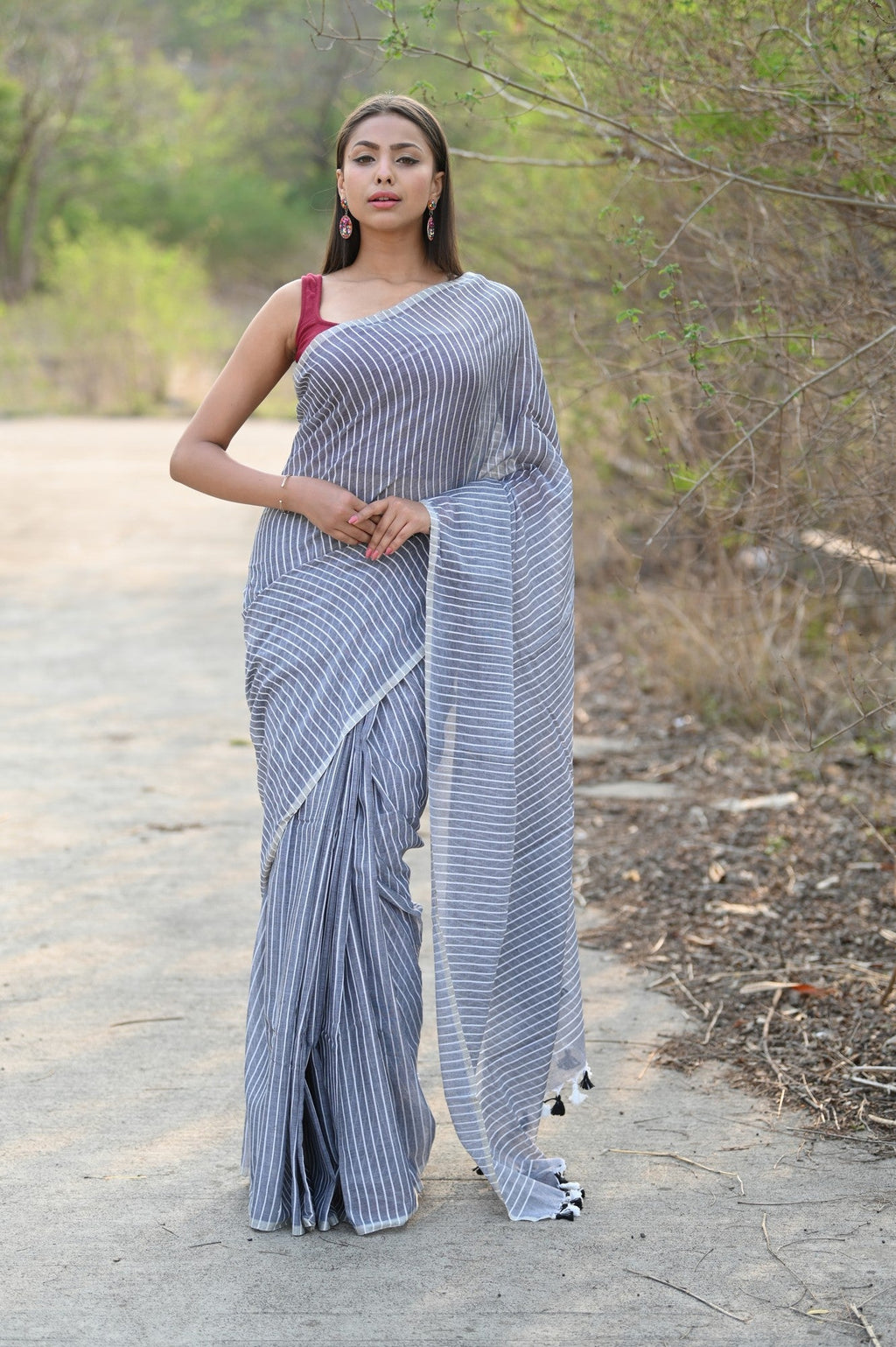 Very Much Indian Designer Pure Cotton Sarees with All over Linear Stripes - Sage Grey