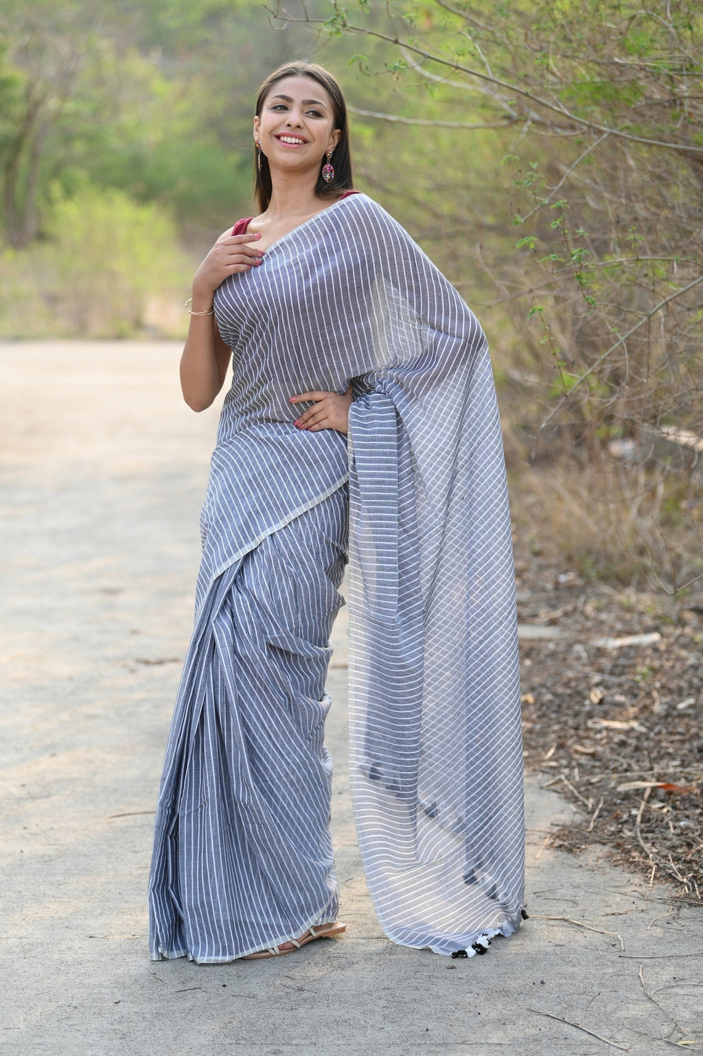 Very Much Indian Designer Pure Cotton Sarees with All over Linear Stripes - Sage Grey