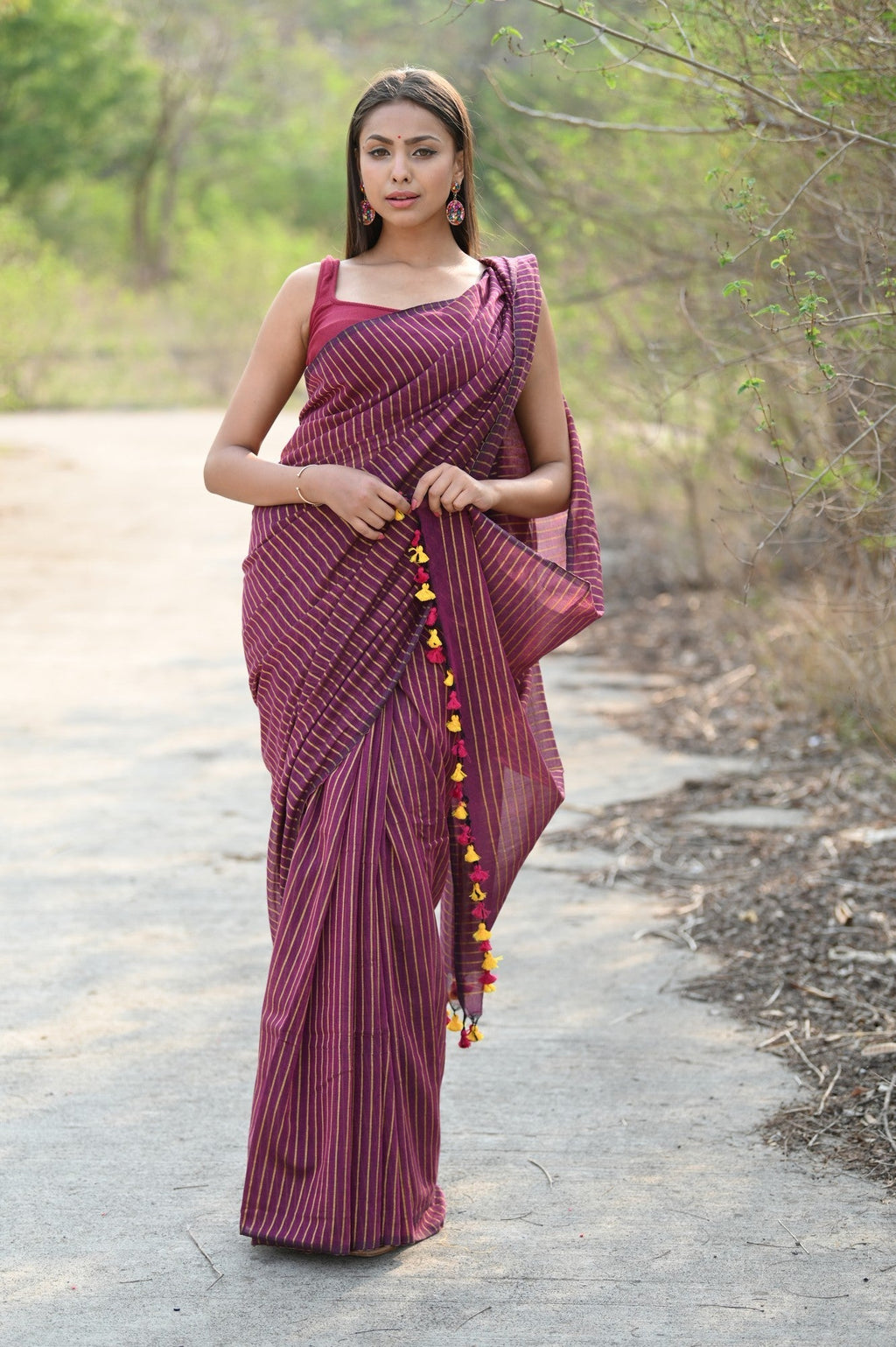 Very Much Indian Designer Pure Cotton Sarees with All over Linear Stripes - Maroon