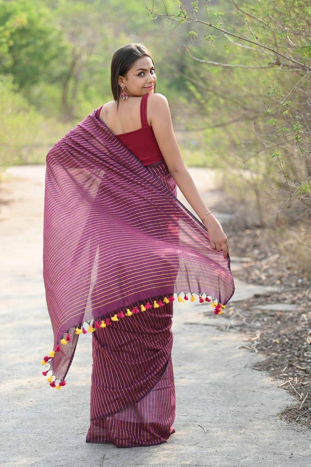 Very Much Indian Designer Pure Cotton Sarees with All over Linear Stripes - Maroon