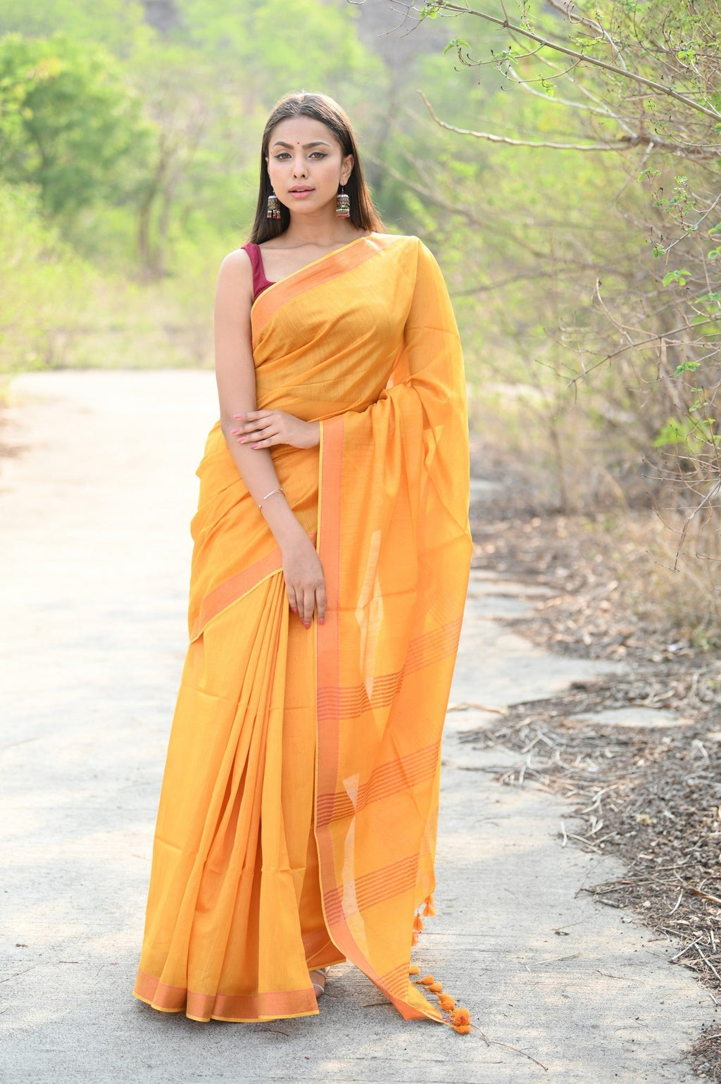 Very Much Indian Designer Pure Cotton Sarees with Classic Pallu - bright orange