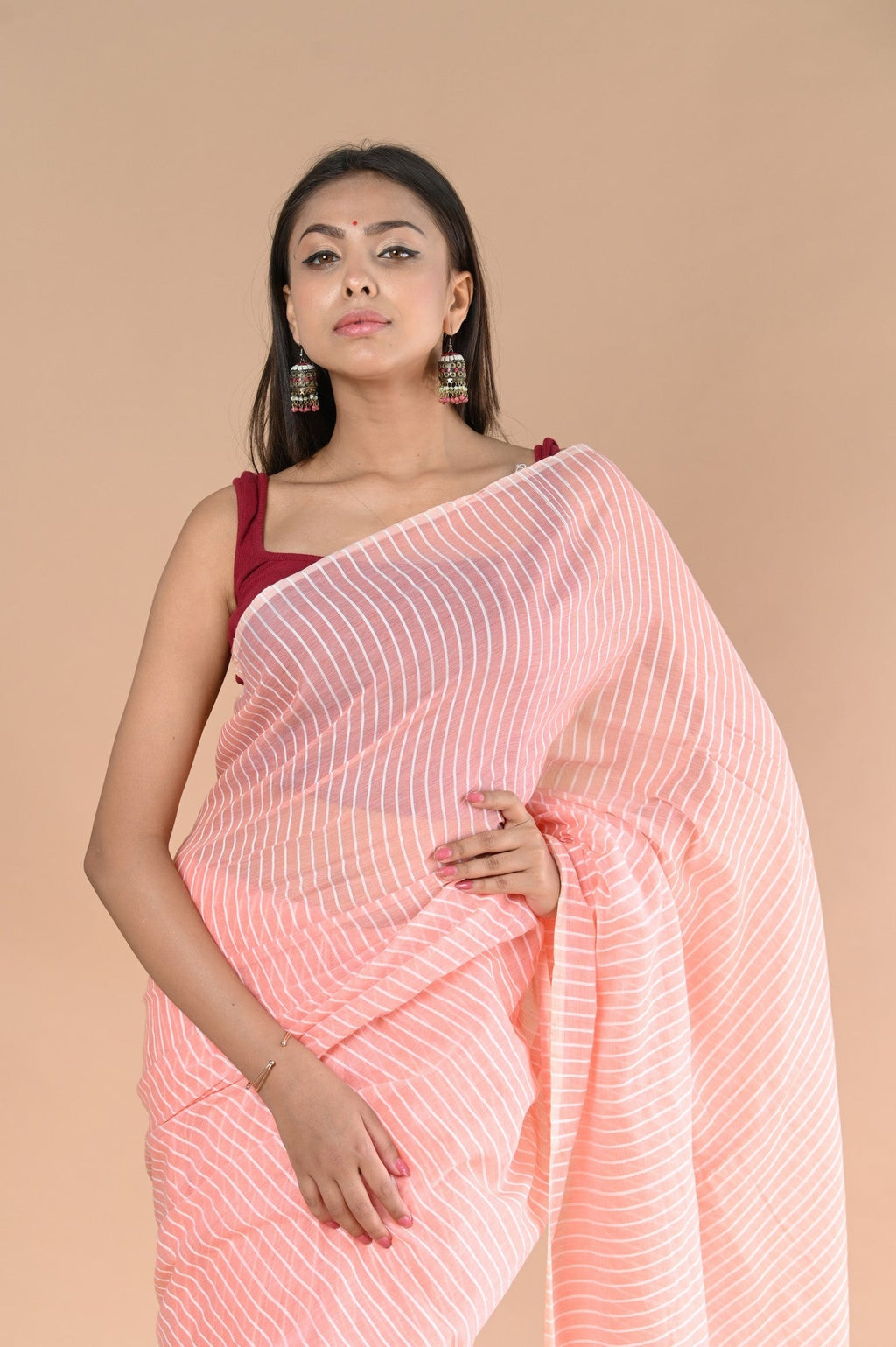 Very Much Indian Designer Pure Cotton Sarees with All over Linear Stripes - Peach