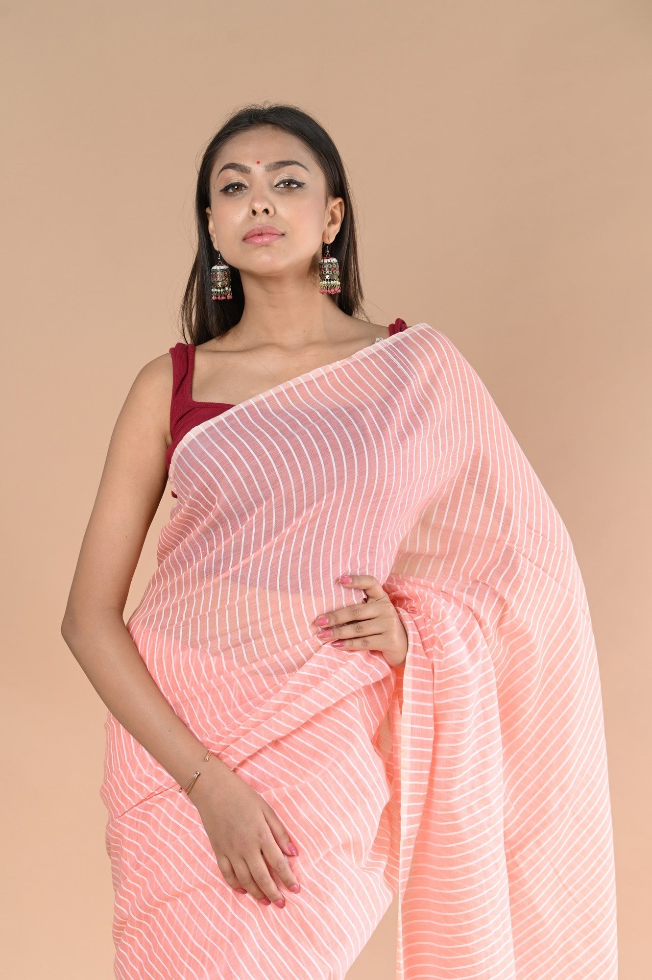 Very Much Indian Designer Pure Cotton Sarees with All over Linear Stripes - Peach