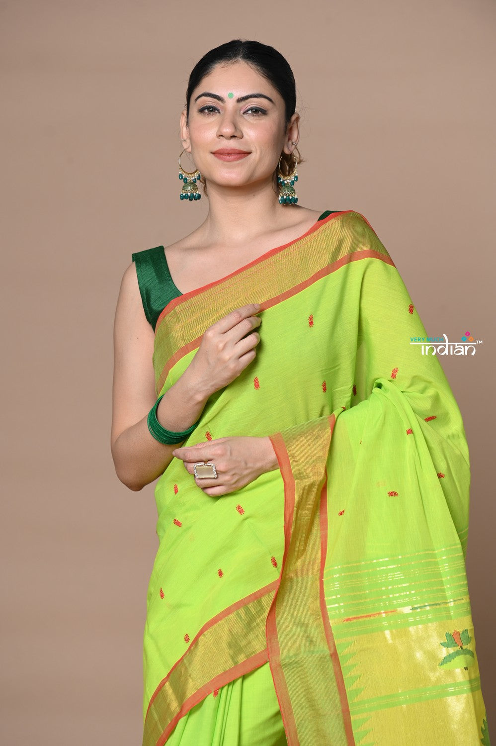 Very Much Indian Rajsi - Handloom Pure Cotton Paithani With Pichwai Pallu - Lime Green