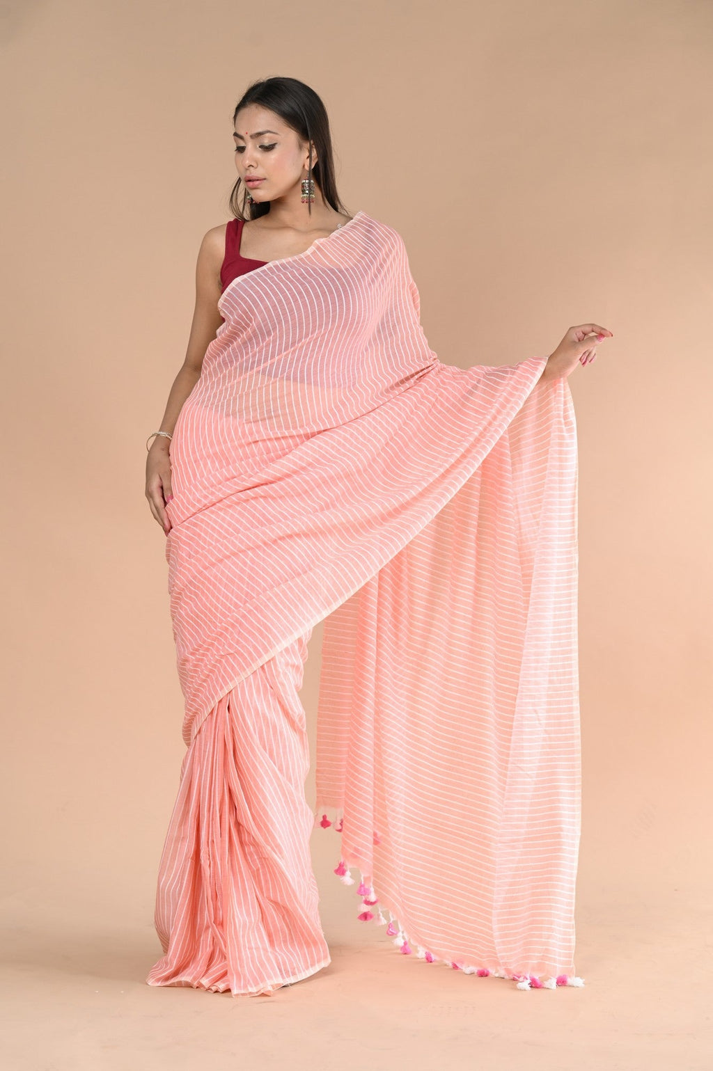 Very Much Indian Designer Pure Cotton Sarees with All over Linear Stripes - Peach
