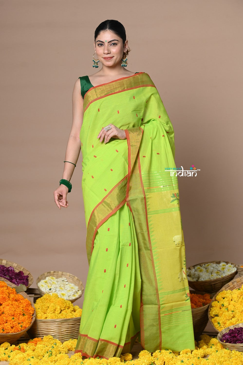 Very Much Indian Rajsi - Handloom Pure Cotton Paithani With Pichwai Pallu - Lime Green