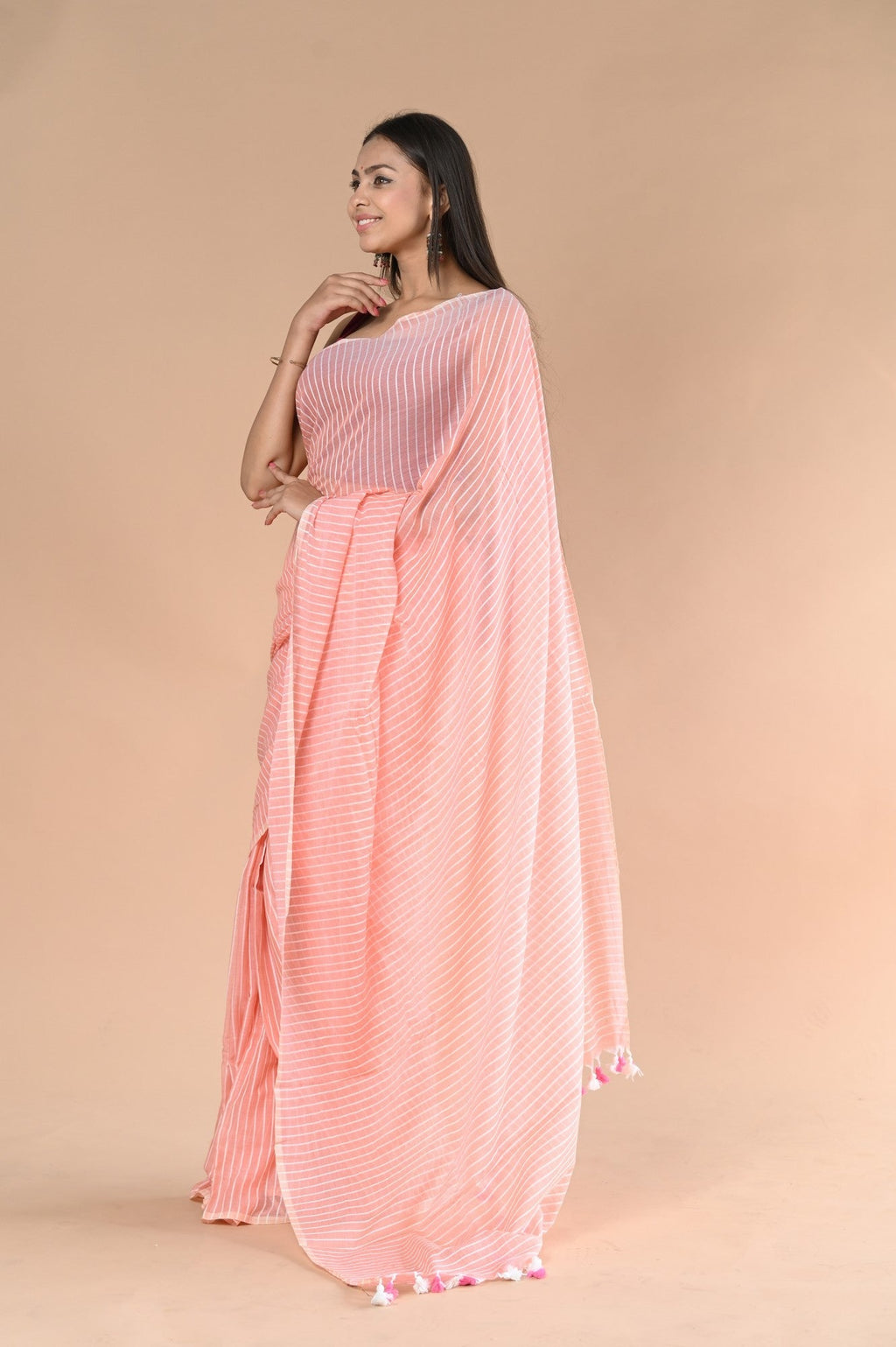 Very Much Indian Designer Pure Cotton Sarees with All over Linear Stripes - Peach