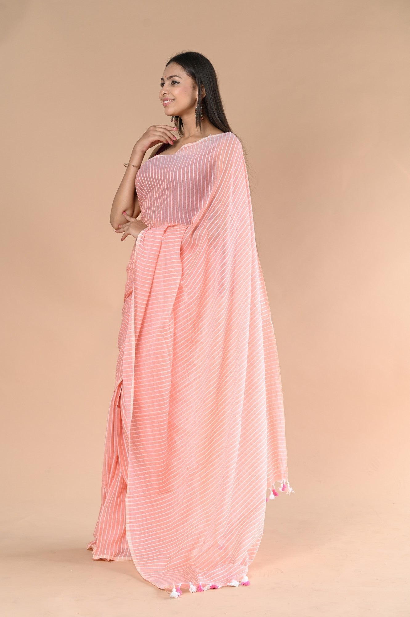 Very Much Indian Designer Pure Cotton Sarees with All over Linear Stripes - Peach