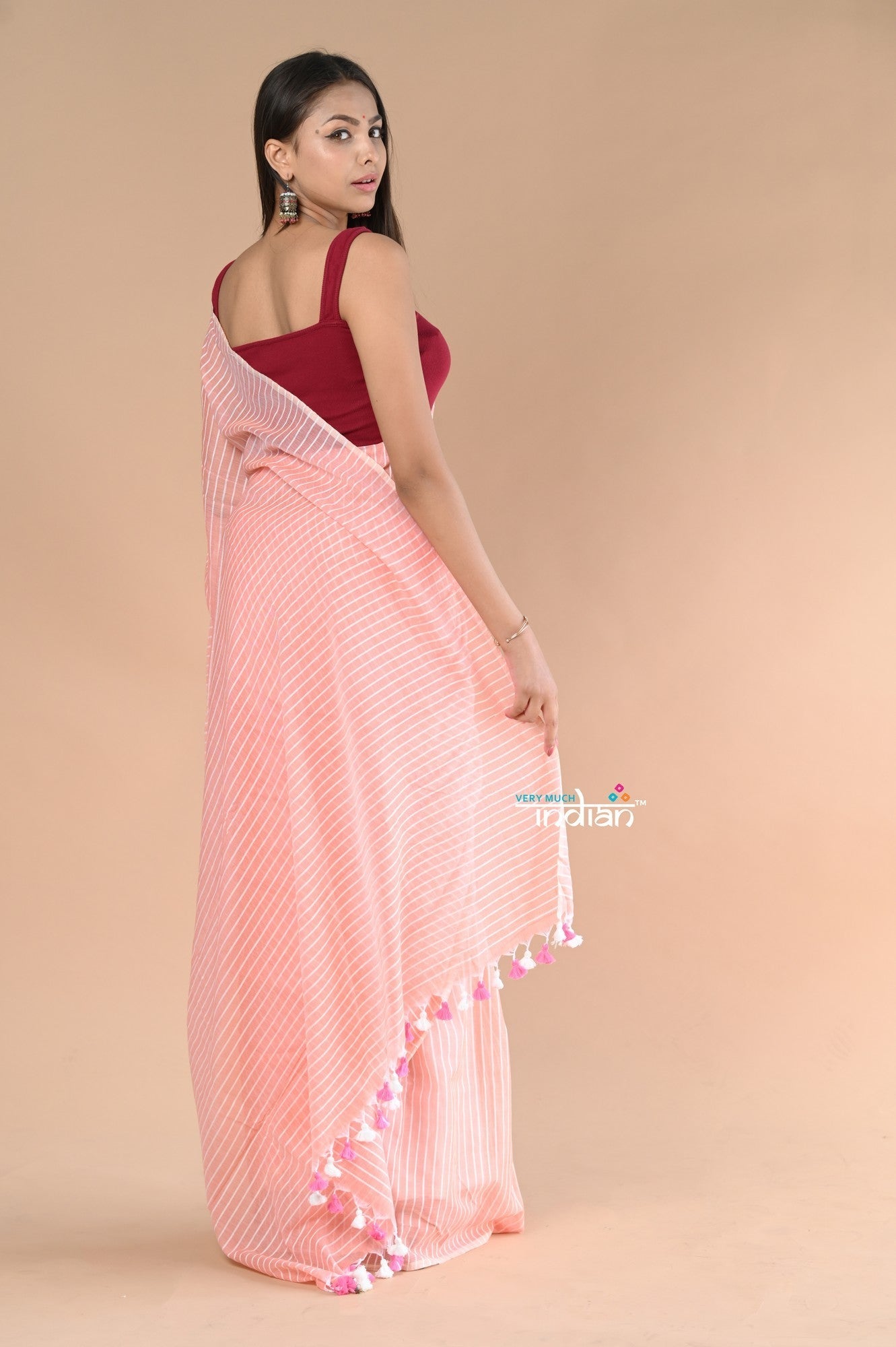 Very Much Indian Designer Pure Cotton Sarees with All over Linear Stripes - Peach