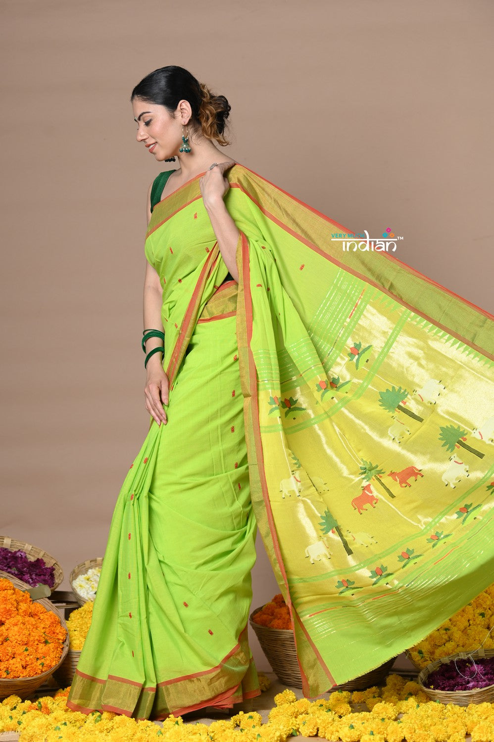 Very Much Indian Rajsi - Handloom Pure Cotton Paithani With Pichwai Pallu - Lime Green