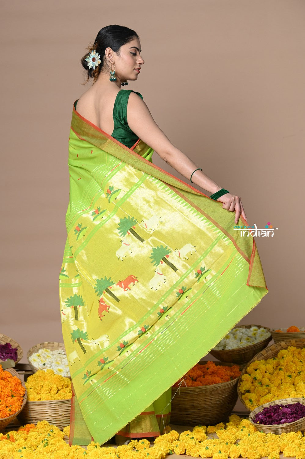 Very Much Indian Rajsi - Handloom Pure Cotton Paithani With Pichwai Pallu - Lime Green