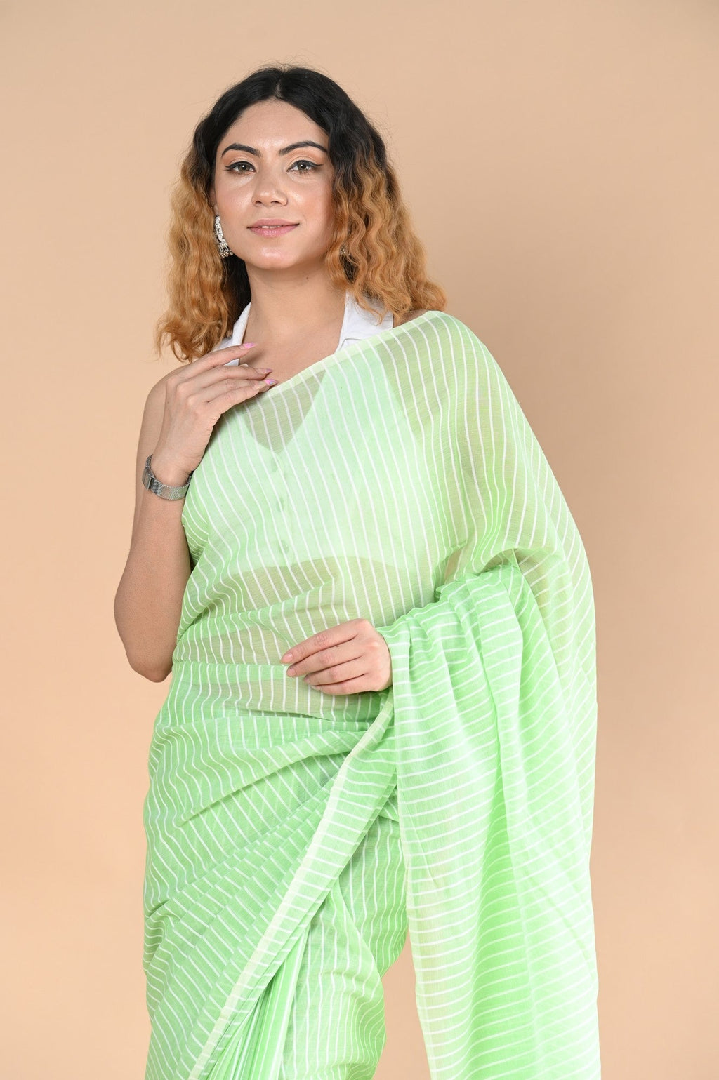 Very Much Indian Designer Pure Cotton Sarees with All over Linear Stripes - fern green
