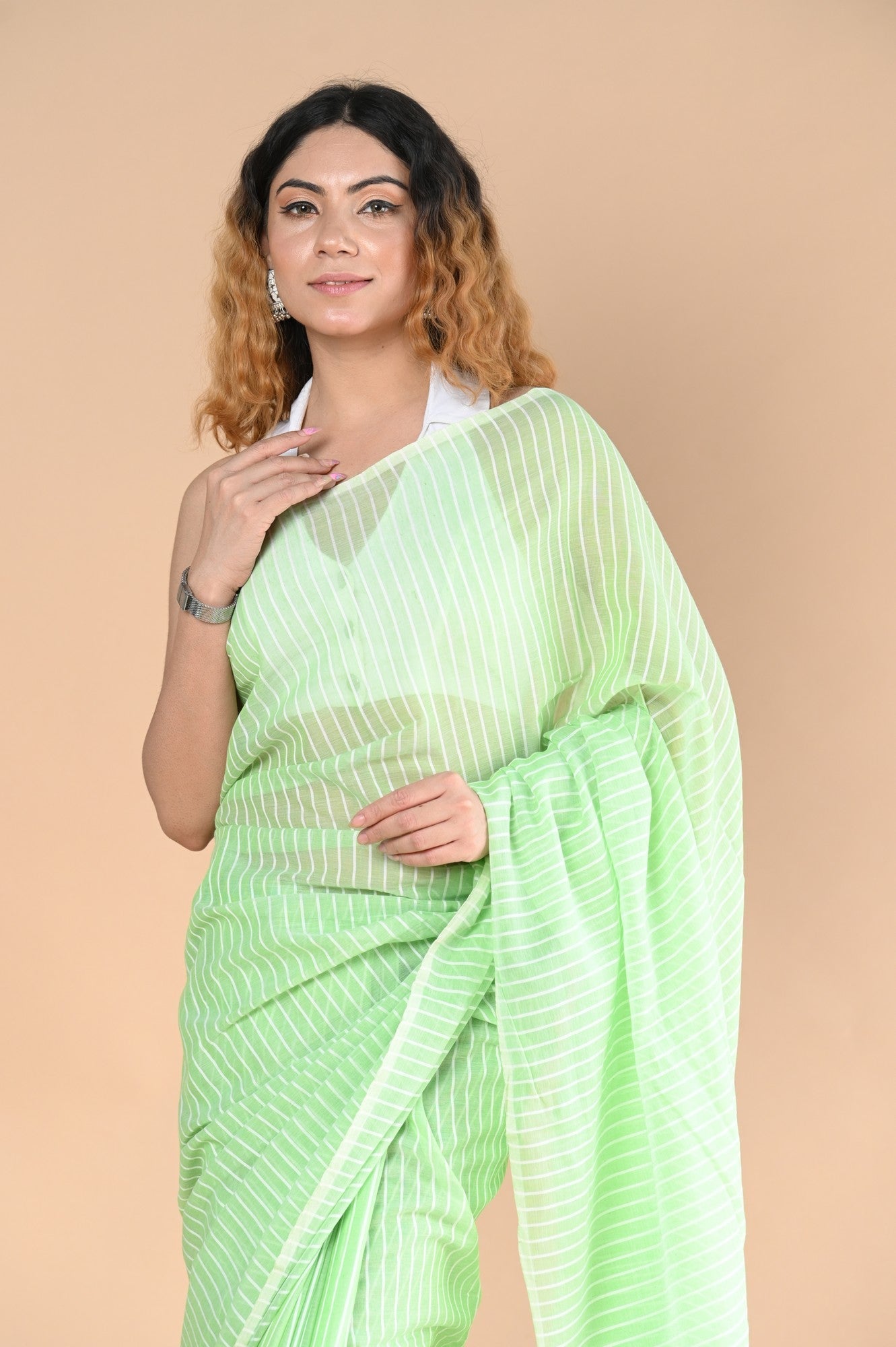 Very Much Indian Designer Pure Cotton Sarees with All over Linear Stripes - fern green