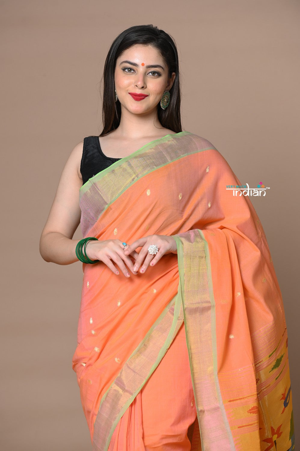 Very Much Indian Rajsi - Handloom Pure Cotton Paithani With Peacock Pallu - Peach
