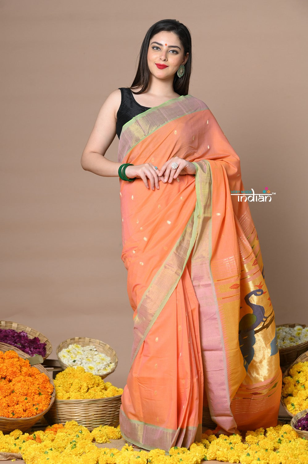 Very Much Indian Rajsi - Handloom Pure Cotton Paithani With Peacock Pallu - Peach