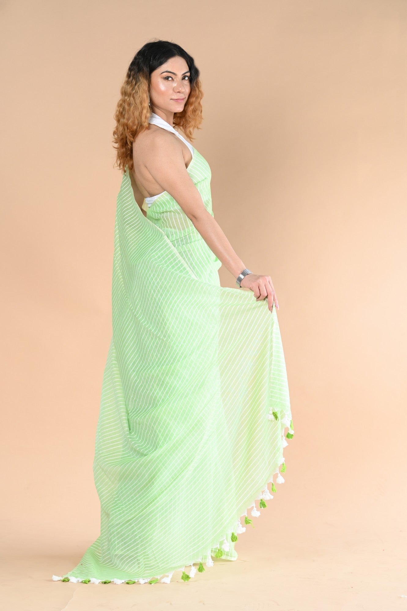 Very Much Indian Designer Pure Cotton Sarees with All over Linear Stripes - fern green
