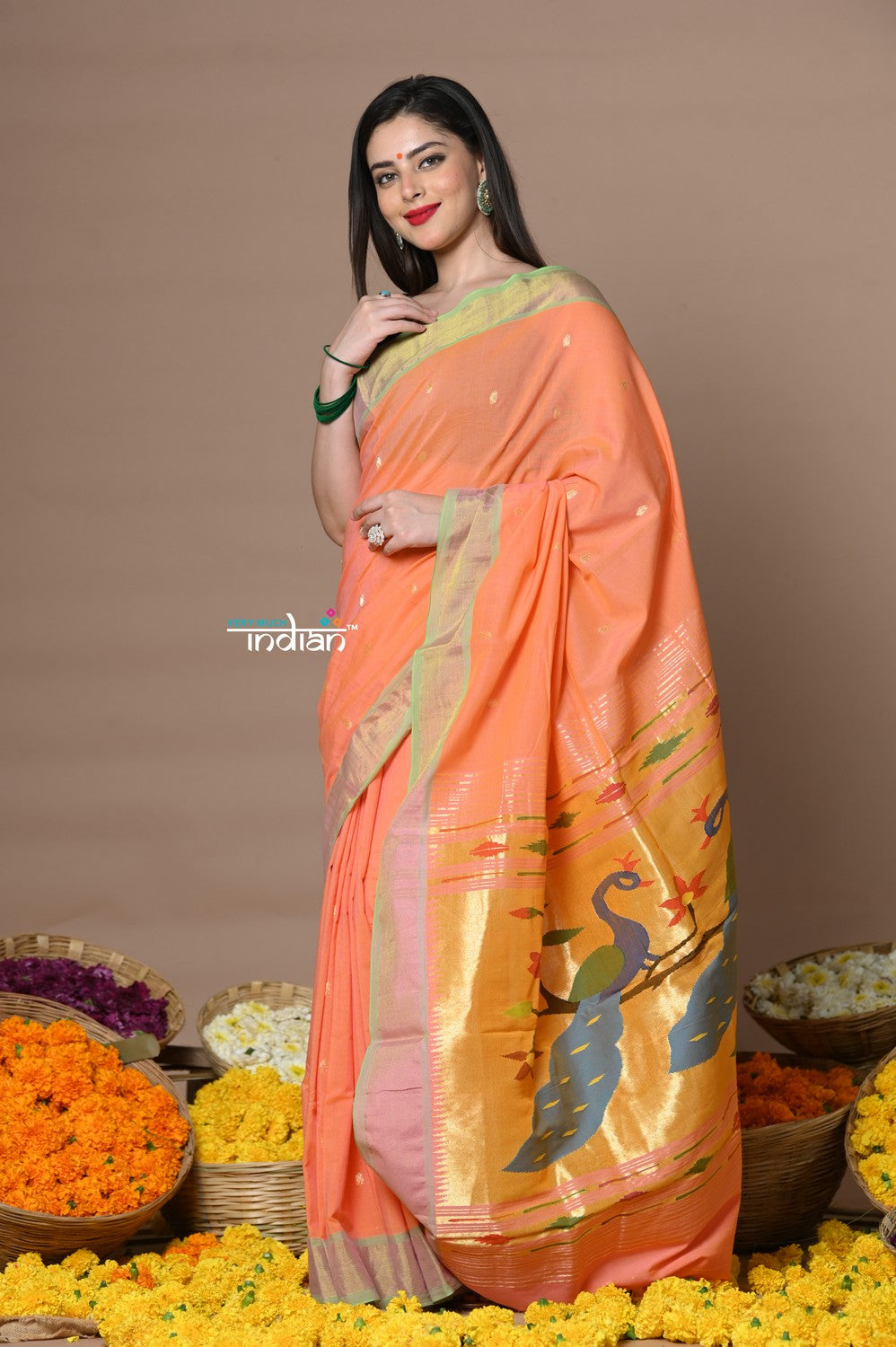 Very Much Indian Rajsi - Handloom Pure Cotton Paithani With Peacock Pallu - Peach