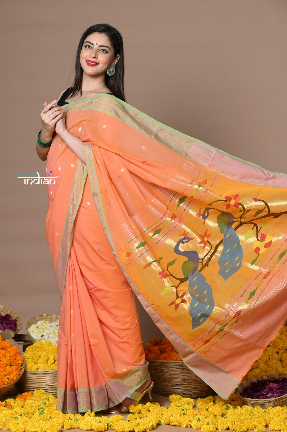 Very Much Indian Rajsi - Handloom Pure Cotton Paithani With Peacock Pallu - Peach