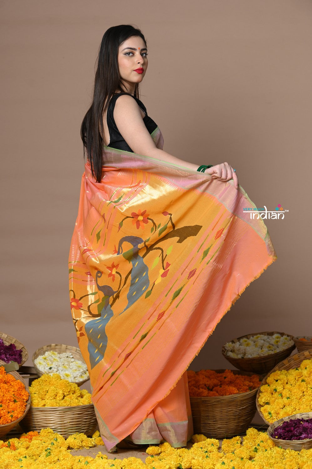 Very Much Indian Rajsi - Handloom Pure Cotton Paithani With Peacock Pallu - Peach