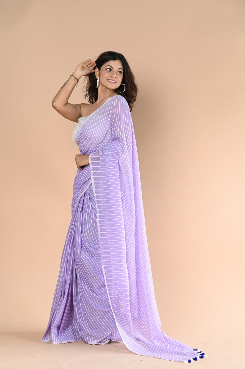 Very Much Indian Designer Pure Cotton Sarees with All over Linear Stripes - lavender