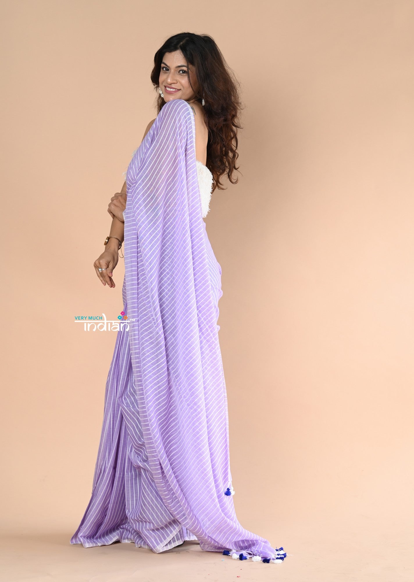 Very Much Indian Designer Pure Cotton Sarees with All over Linear Stripes - lavender