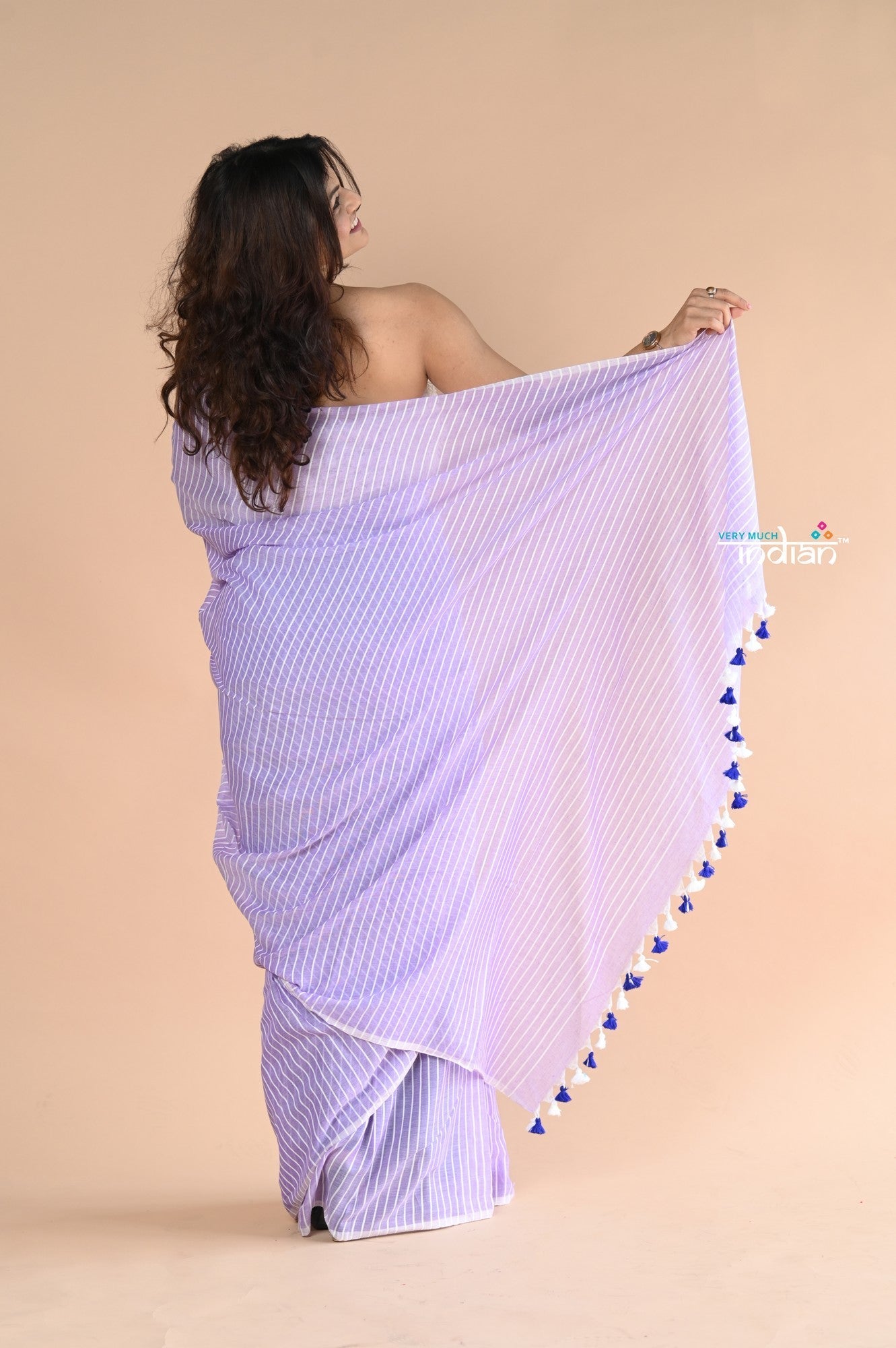 Very Much Indian Designer Pure Cotton Sarees with All over Linear Stripes - lavender