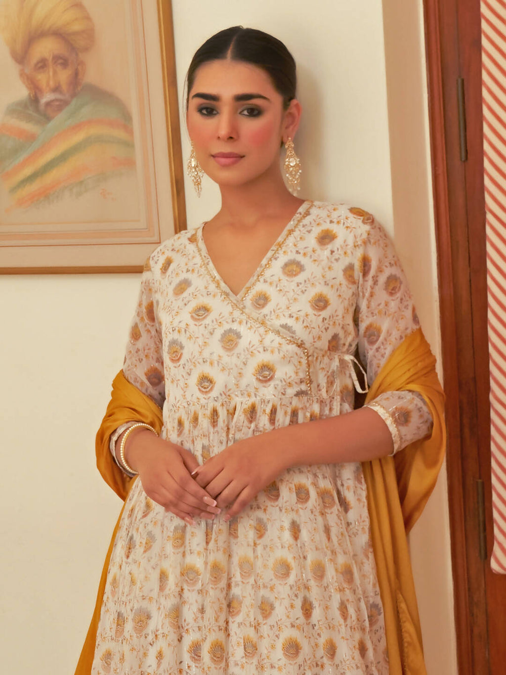 Janasya Women's White Chiffon Lurex Floral Printed Festive Flared Kurta Set