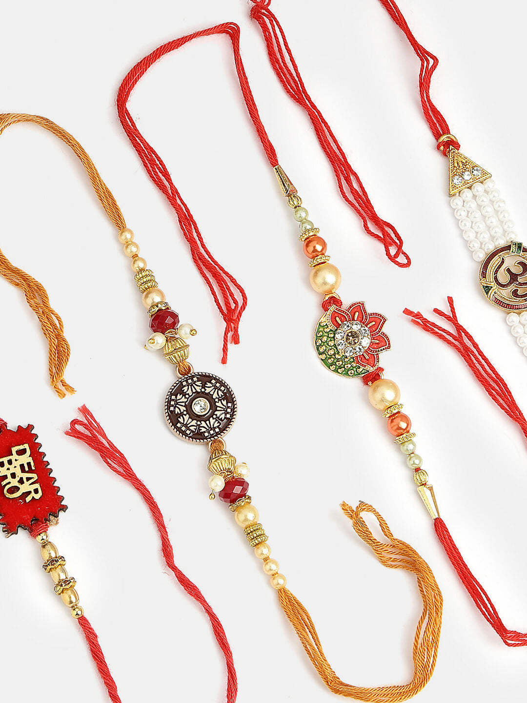 NVR Men Set of 4 Gold-Toned Stone-Studded & Beaded Rakhi With Roli Chawal & Chocolate