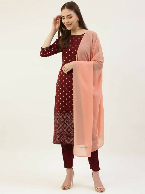 FIORRA Women's Maroon Poly Crepe Straight Kurta Pant With Dupatta