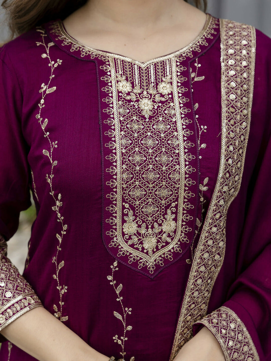 The52 Wine Beautiful Embroidered Vichitra Silk Fabric Straight Kurta, Palazzo and Dupatta Set