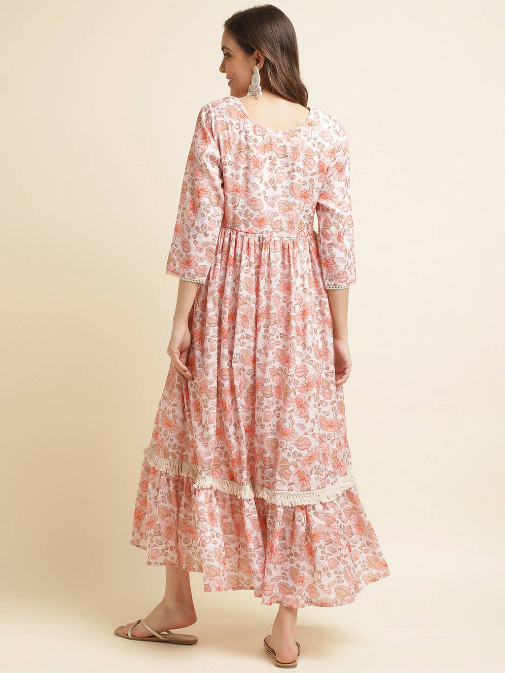 Orange Linen Floral Printed Fit & Flare Dress - Yukti