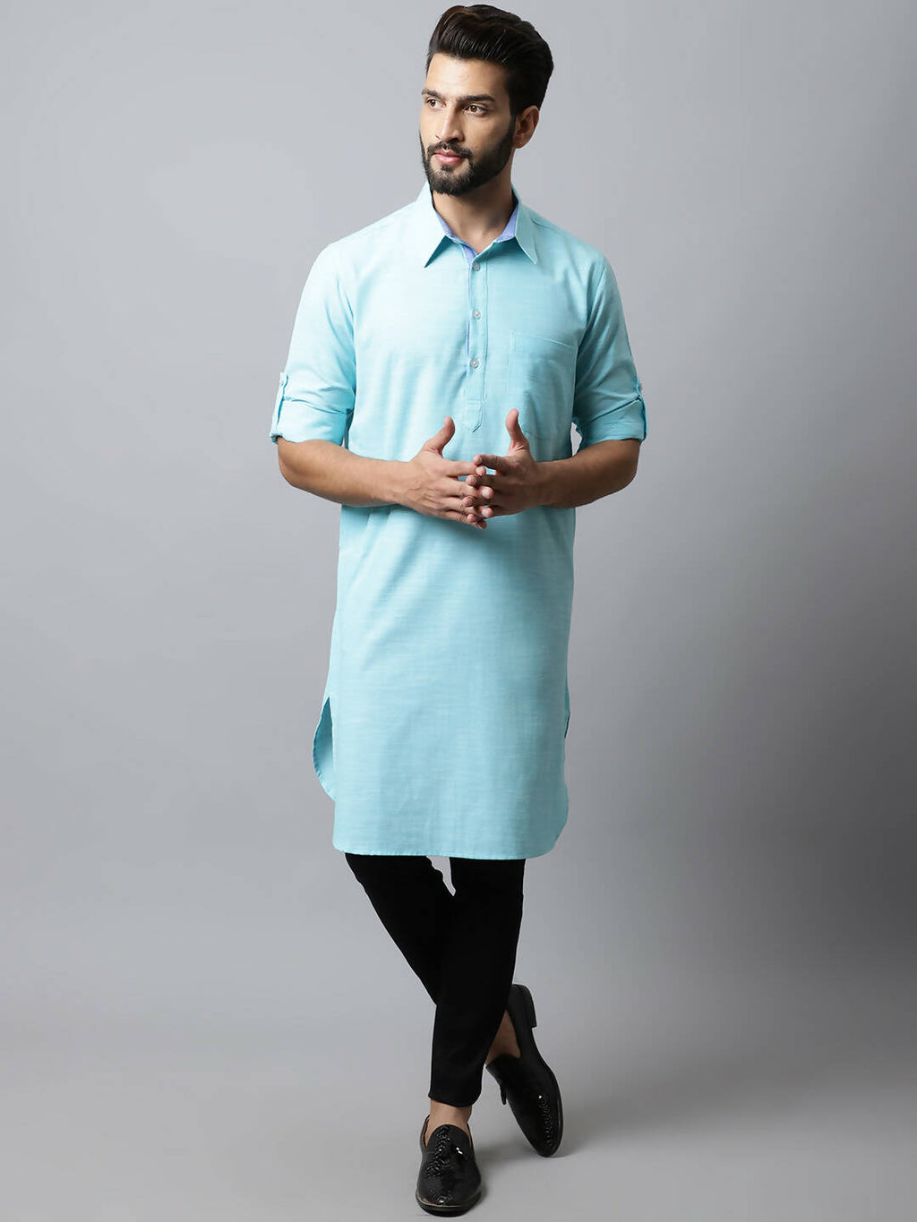 Even Apparels Blue Color Pure Cotton Solid Men's Kurta With Shirt Collar (SLD1132)