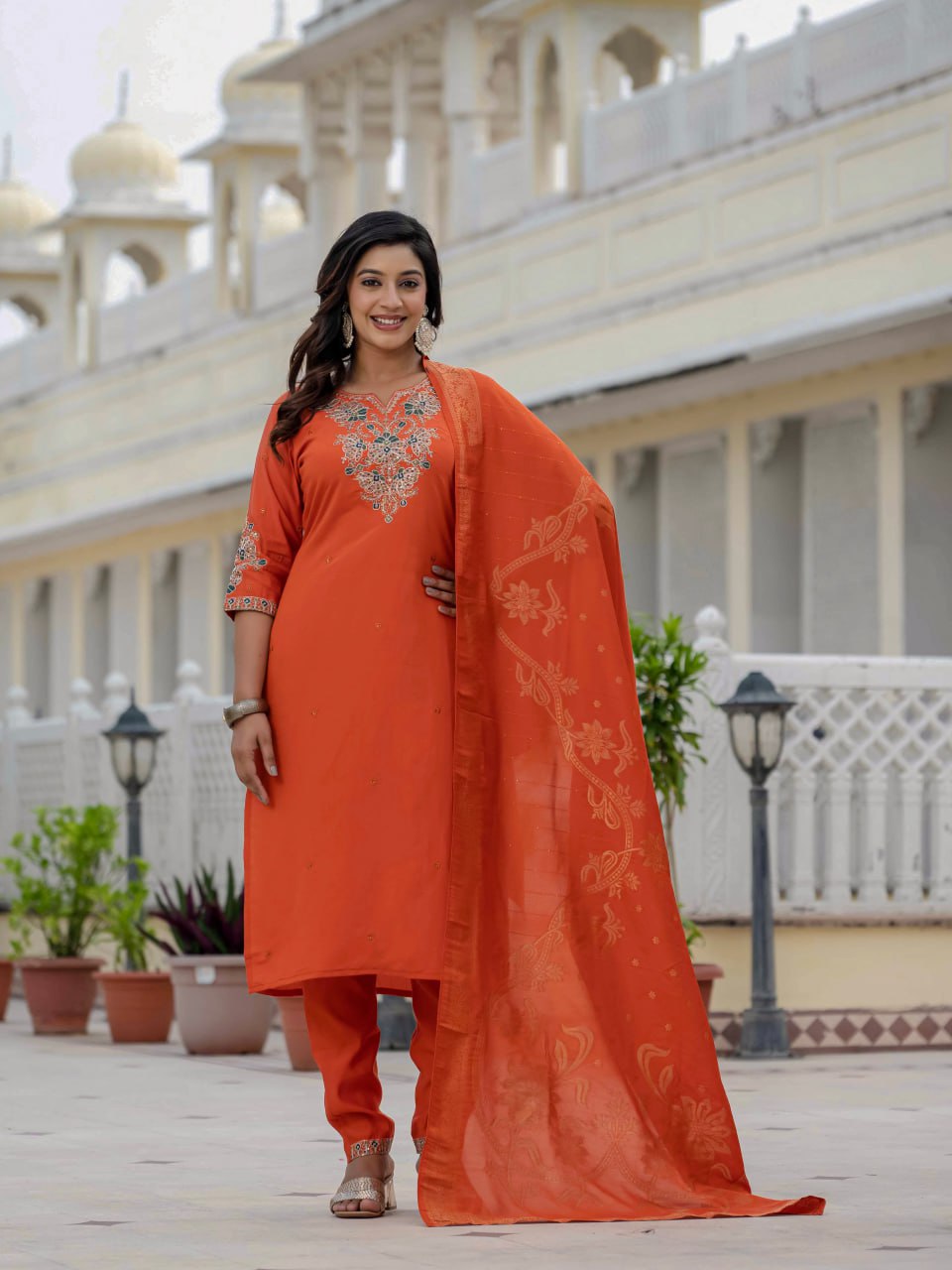 Lehenga Mart Designer Ready To Wear Kurta Pant With Dupatta For Women-Orange