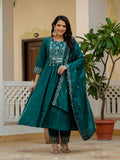 Lehenga Mart Designer Anarkali Suit Ready To Wear Kurta Pant With Dupatta For Women-Teal Green