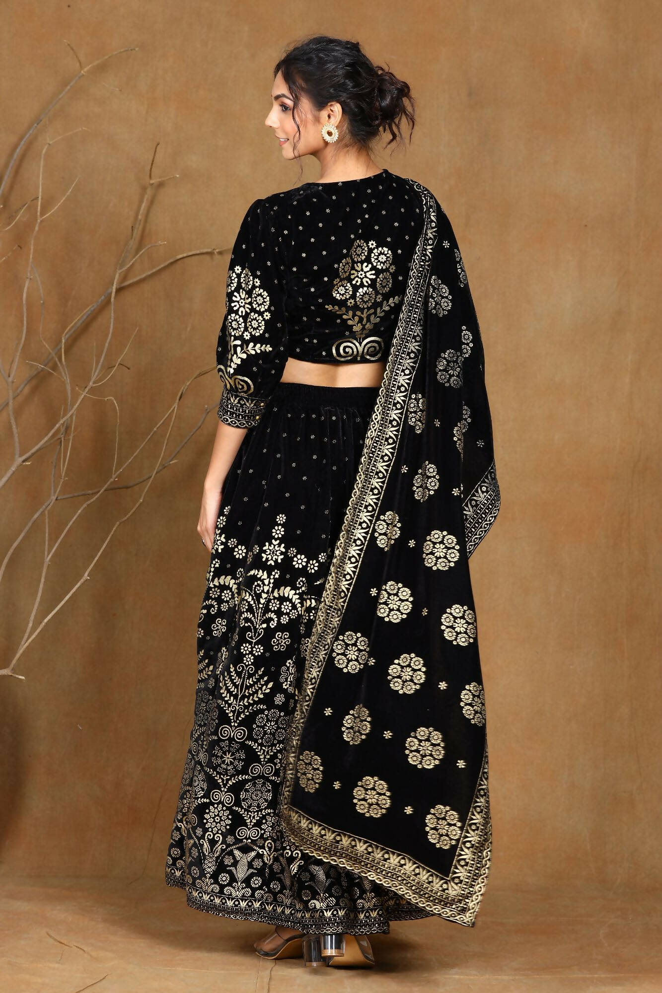 Juniper Women Black Velvet Printed Flared Lehenga Choli Sets