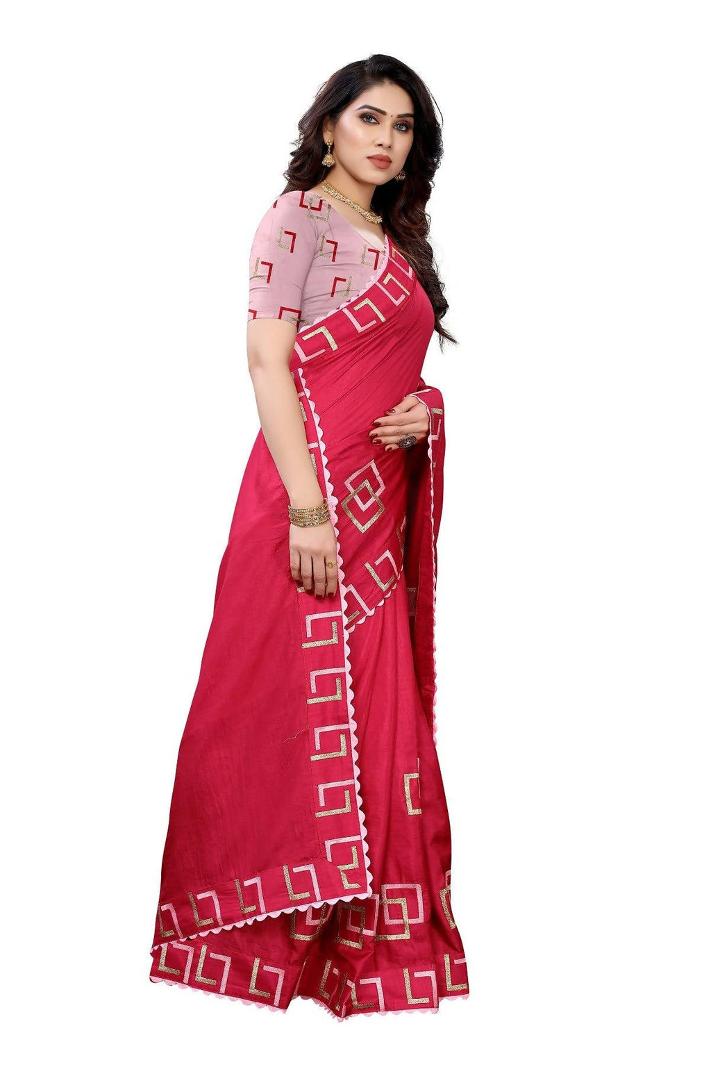 Vamika Red Dola Silk Embroidery Saree (MESHVI PINK)